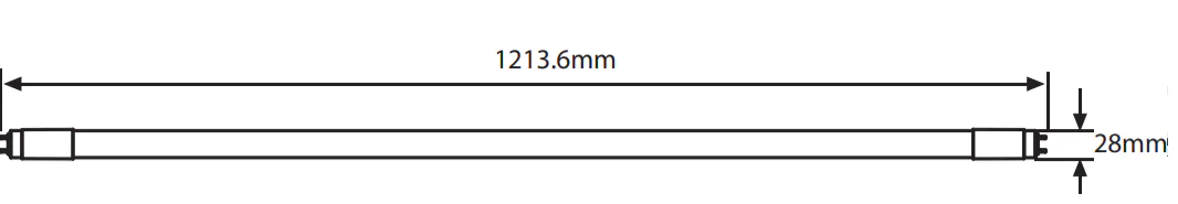 En illustration p&aring; ett lysr&ouml;r med l&auml;ngden 1213.6mm x 28mm